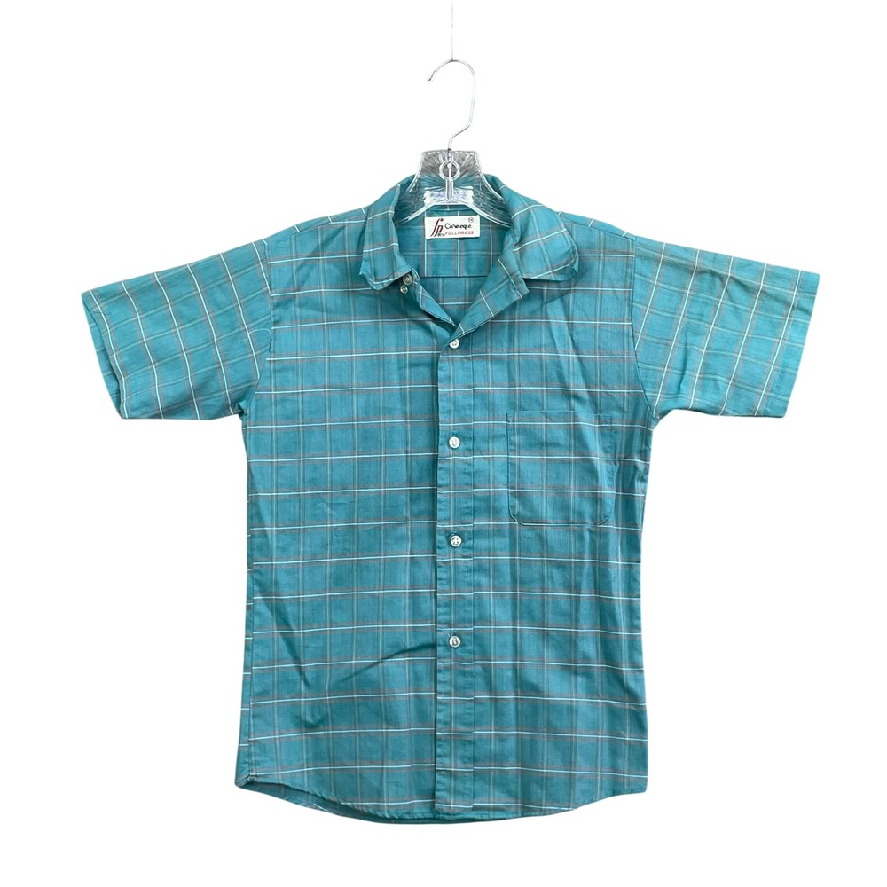 Carnegie Button Up Shirt Boys 14 Teal Plaid Vintage Short Sleeve Permanent Press